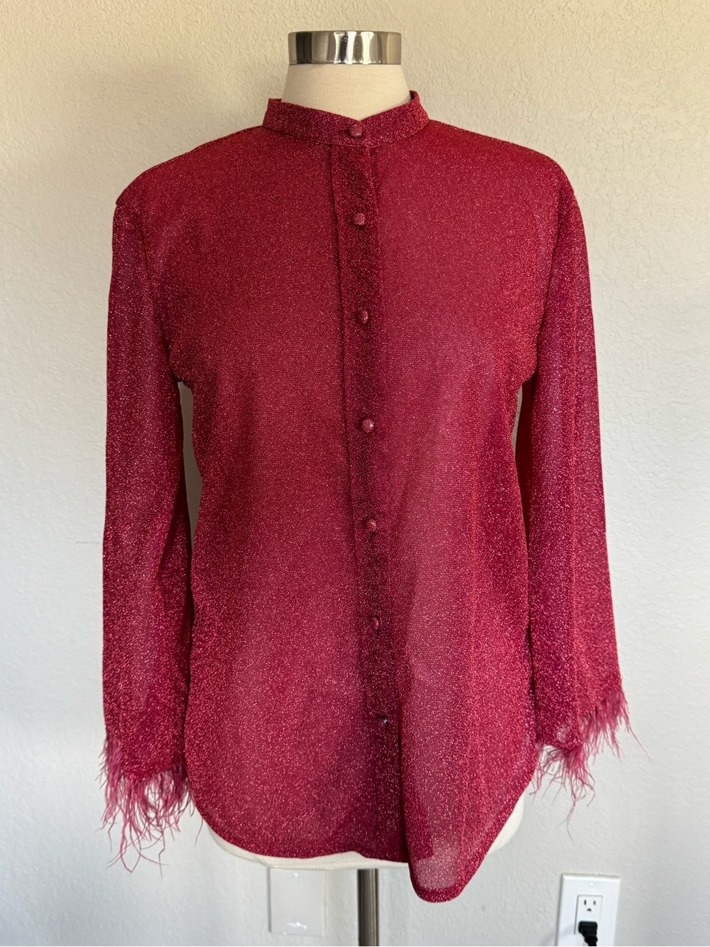 Pink Metallic Shimmer Feather Cuff Button-Up Top – Size Small